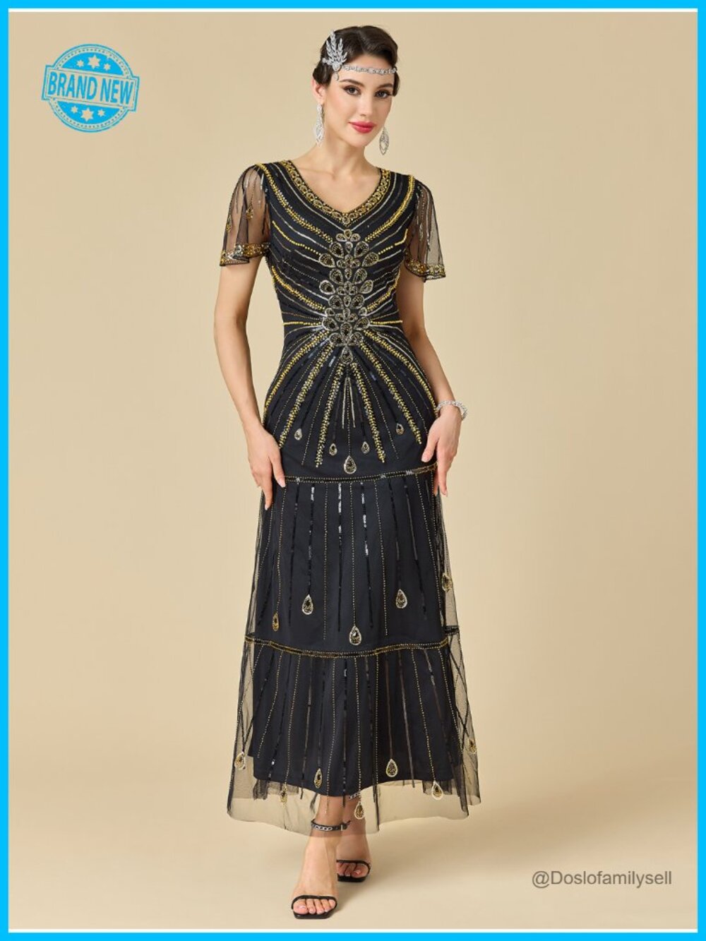 1920s Flapper Sequin Beaded V-Neck Maxi Evening Gown Formal Party - Picture 4 of 4
